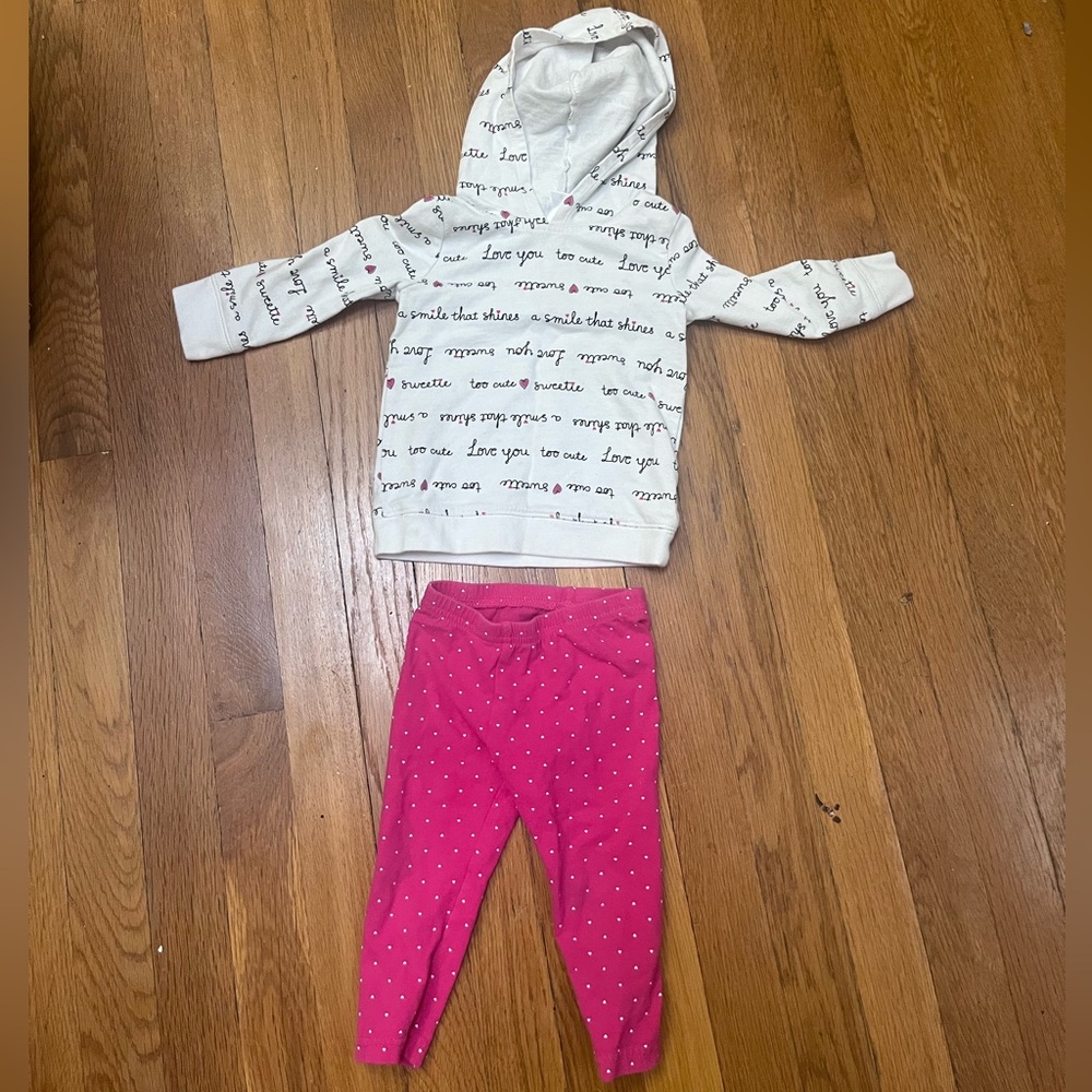 Carters 18M outfit - pink heart leggings and hoodie with sweet sayings